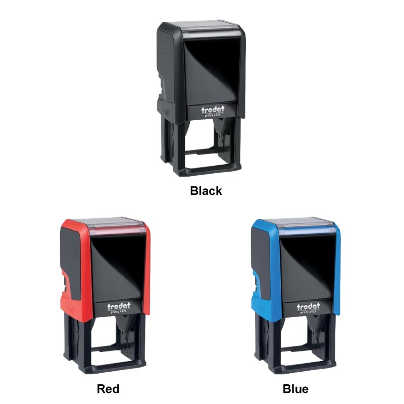 Three Trodat 4924 self-inking stamps in black, red, and blue.