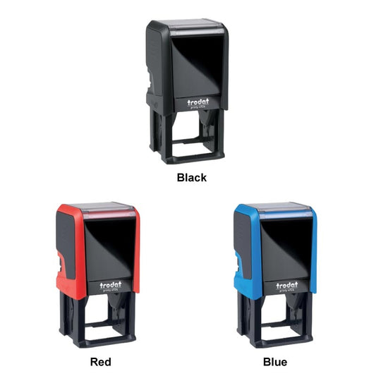 Three Trodat 4924 self-inking stamps in black, red, and blue.
