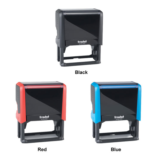 Three Trodat 4926 self-inking stamps in black, red, and blue