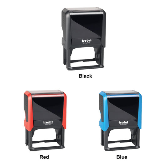 Three Trodat 4927 self-inking stamps in black, red, and blue