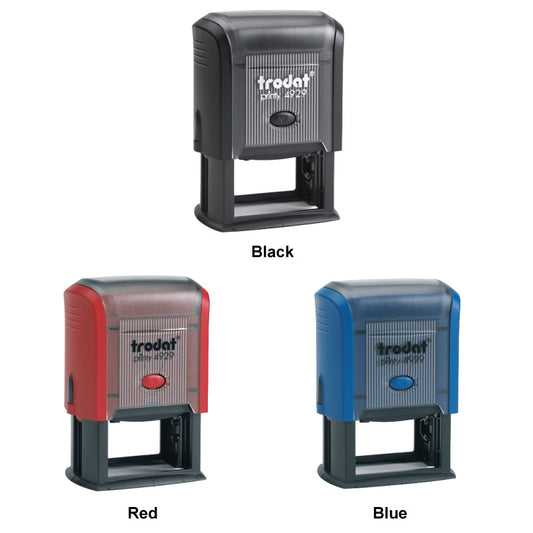 Three Trodat 4929 stamps in black, red, and blue