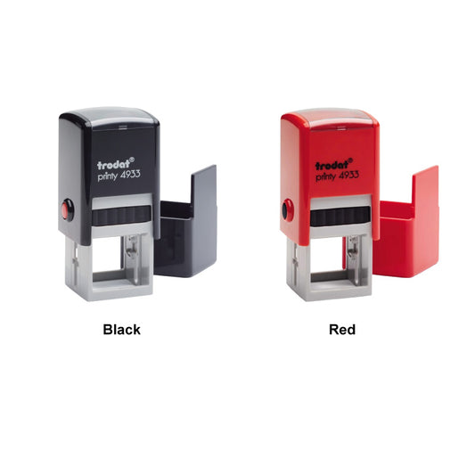 Two Trodat 4923 self-inking stamps, one black and one red.