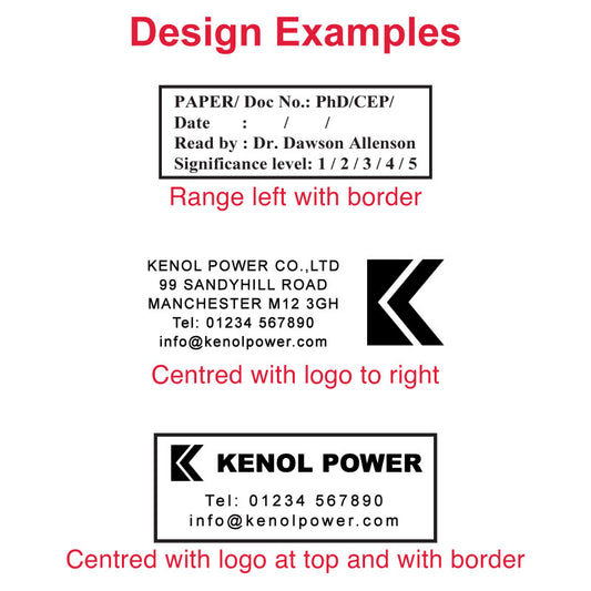 TR-5205 Heavy-Duty Stamp Impressions - Explore a variety of precise and clear design examples made by this rectangular 24 x 68 mm heavy-duty stamp, showcasing its durability and professional design.