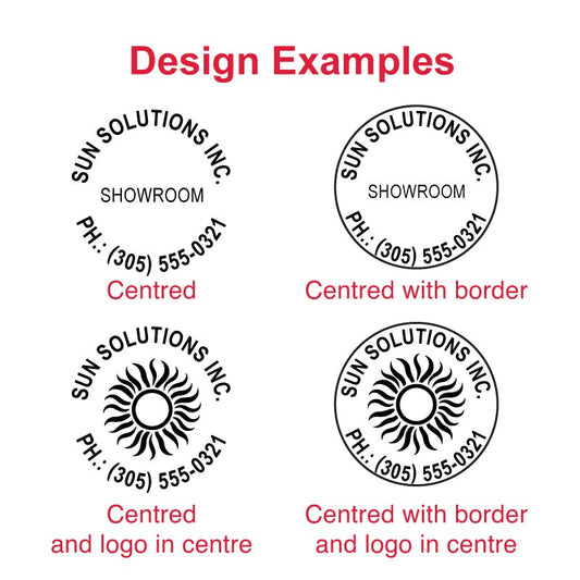 Design examples for Trodat Pocket Stamp TR-9342, featuring large round impressions with customizable text and logos, demonstrating the stamp's capacity for creating prominent and elegant seals.