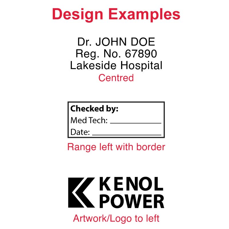 Design templates for Trodat Pocket Stamp 9511 featuring professional layouts for medical and corporate use, with options for centered and left-aligned text, including placeholders for name, registration number, and contact details.