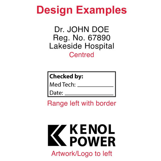 Design templates for Trodat Pocket Stamp 9511 featuring professional layouts for medical and corporate use, with options for centered and left-aligned text, including placeholders for name, registration number, and contact details.