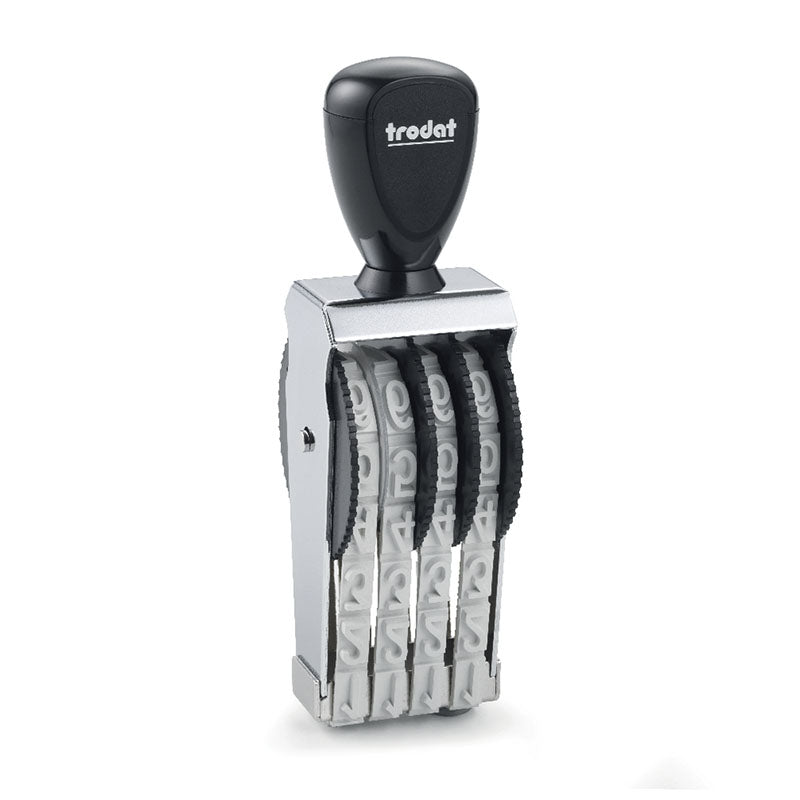 Black Trodat 15124 manual number stamp with multiple adjustable numeric bands.