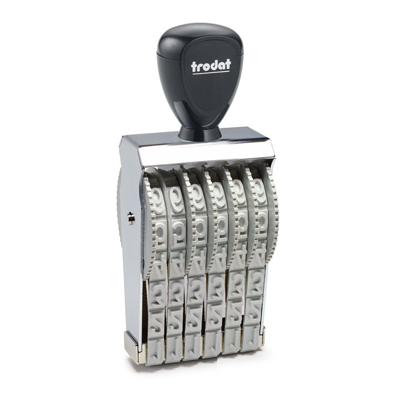 Trodat 15126 manual number stamp with a black ergonomic handle and white adjustable numeric bands.
