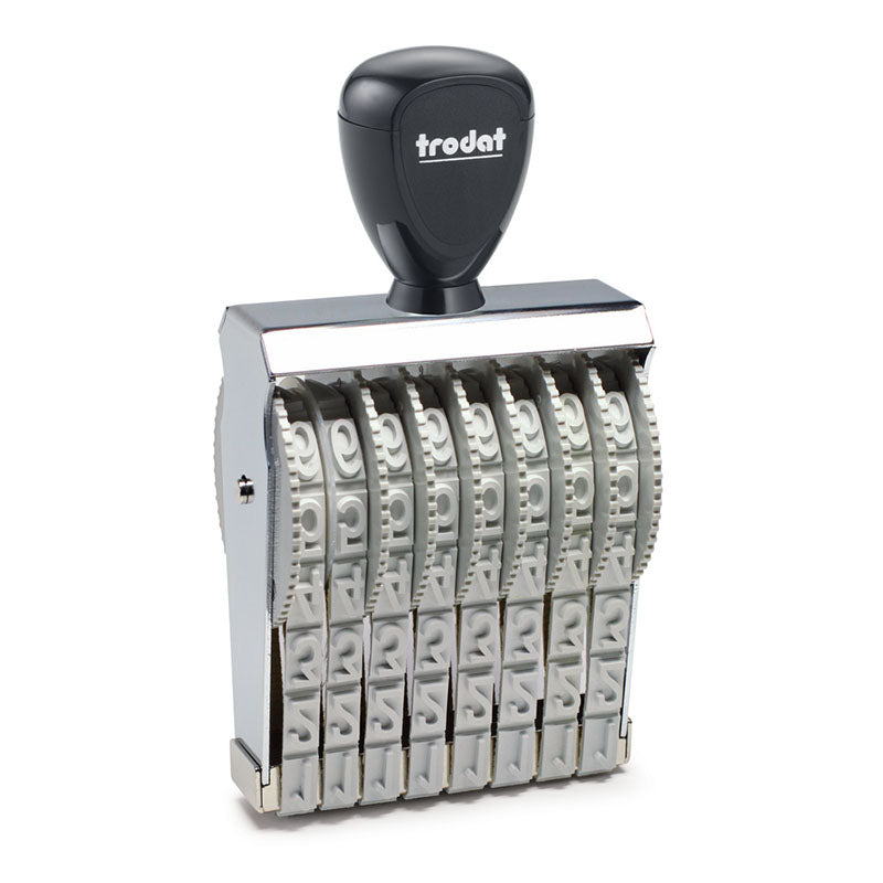 Black Trodat 15128 manual number stamp with visible numeric bands for customizable numbering.