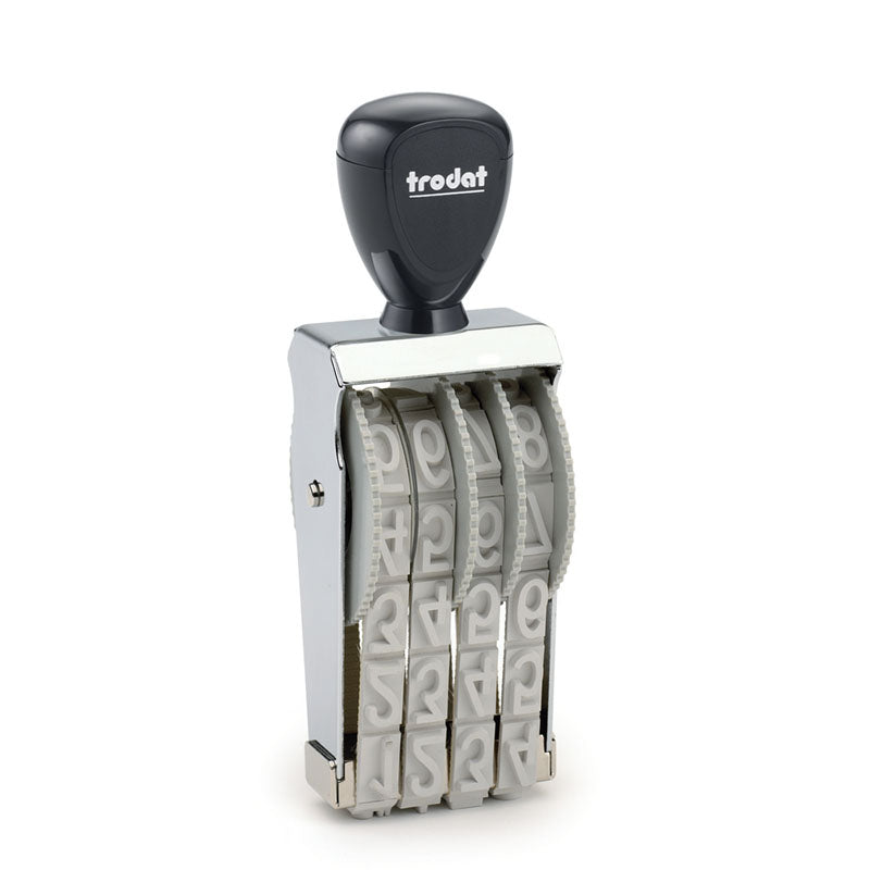 Trodat 15154 black manual number stamp with a sleek design and adjustable wheels for various numbering sequences.