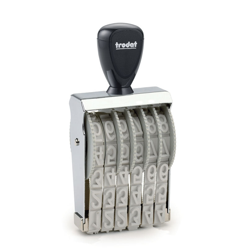 Black-handled Trodat 15156 number stamp with a metal frame and multiple adjustable bands displaying numbers for office or industrial use.