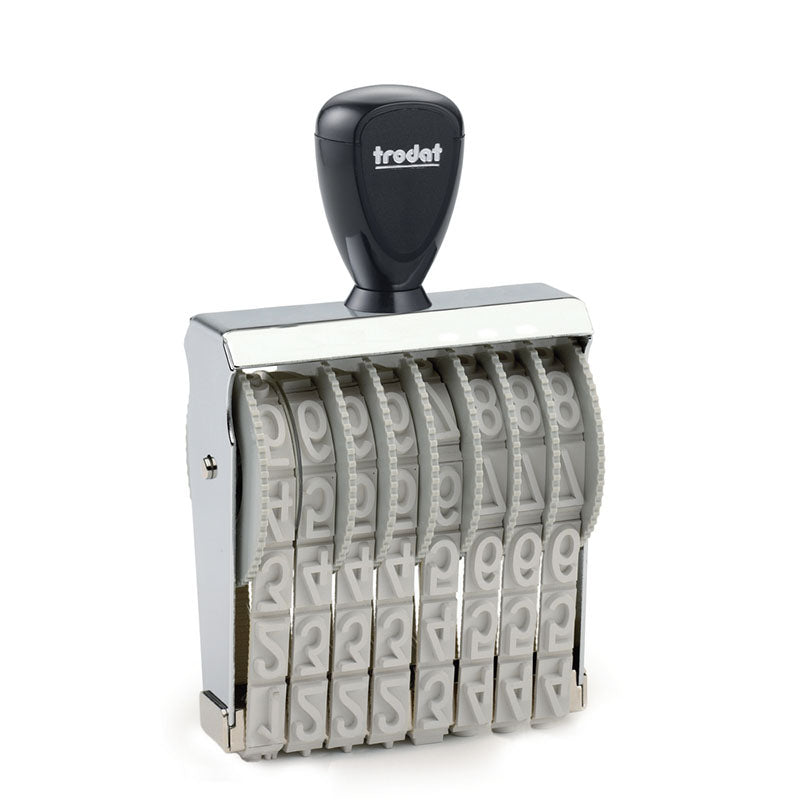 A mechanical number stamp from Trodat, model TR-15158, shown on a white background. The stamp has a black ergonomic handle with the brand logo, and a series of eight rotating number bands with white numerals on a gray background, each band displaying a single digit.