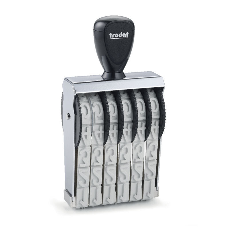 Trodat TR-15186 professional number stamp with a sturdy black handle, showcasing six adjustable number bands for precision and flexibility in document numbering.