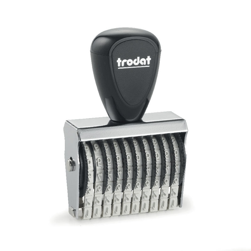 Compact Trodat TR-15310 number stamp with a black handle, featuring 10 adjustable number bands with 3mm character height for detailed document numbering.