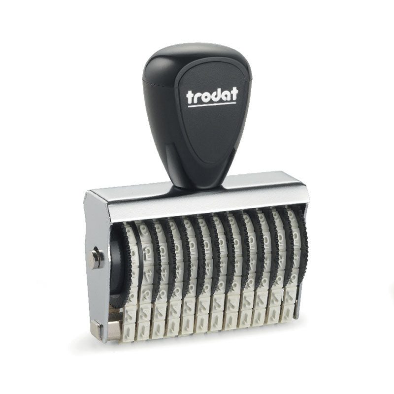 Trodat TR-15312 durable number stamp with black handle, 12 adjustable bands, and 3mm character height for precise numbering in professional documentation.