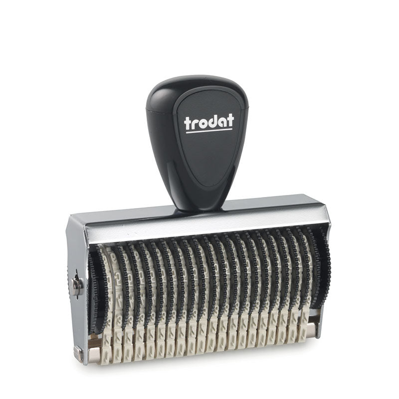 Black Trodat TR-15320 high-capacity number stamp featuring 20 adjustable number bands with a character height of 3mm for extensive sequential numbering in industrial applications.