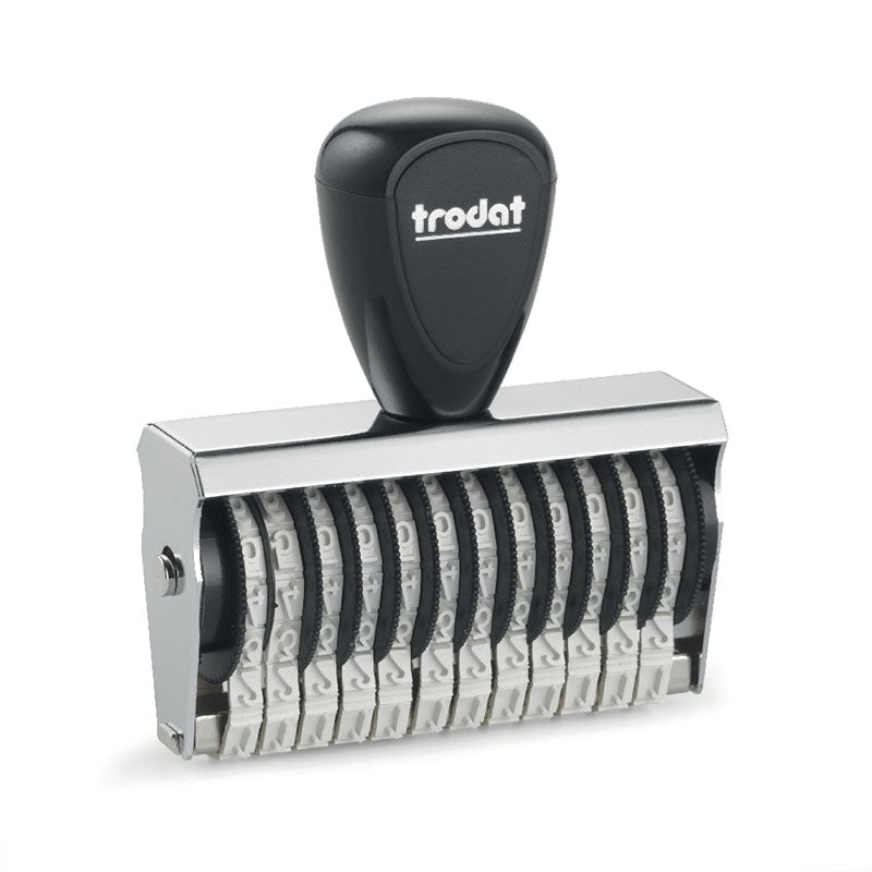 Trodat TR-15412 robust number stamp with a black handle, featuring 12 adjustable bands for 4mm high numerals, designed for professional numbering tasks.
