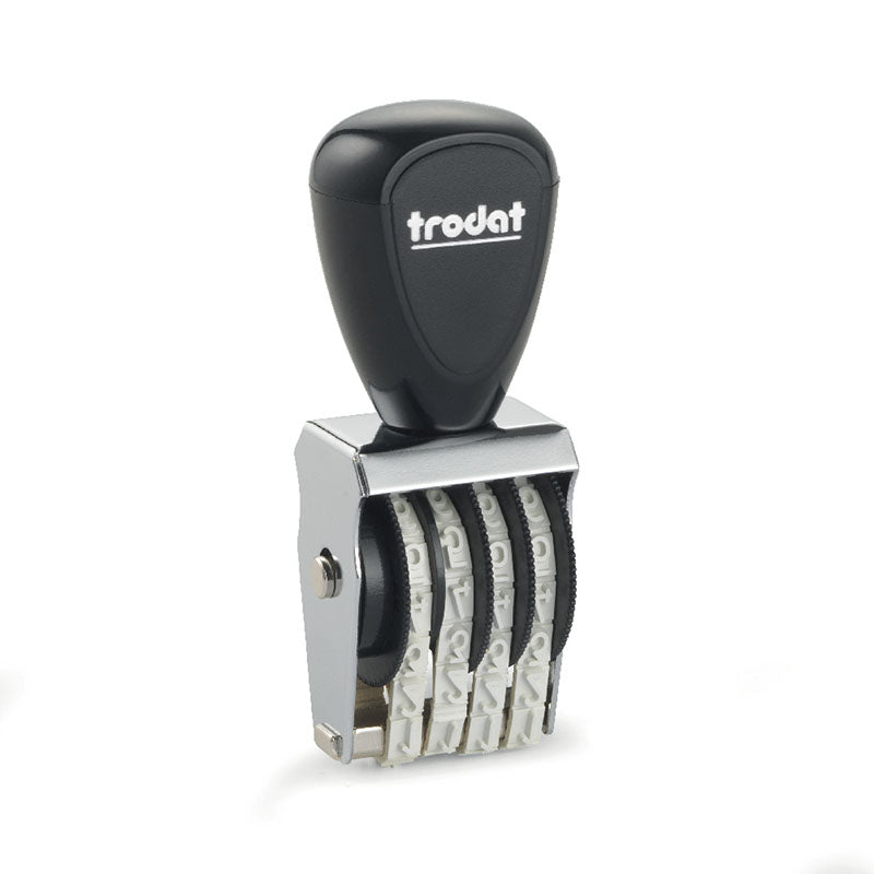 Trodat TR-1544 professional number stamp with a black ergonomic handle and shiny metal frame, showcasing adjustable number wheels.