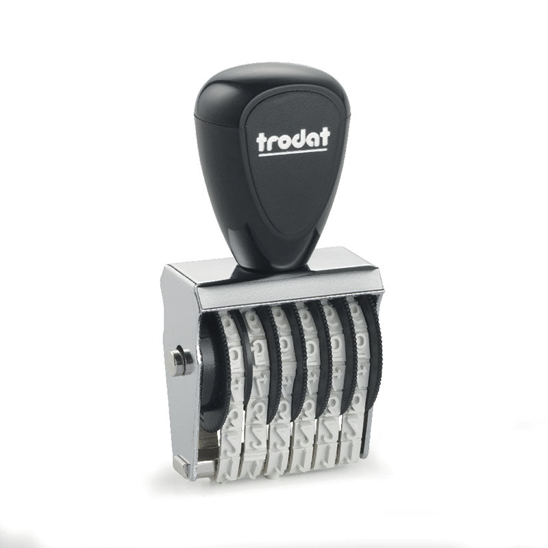 Black Trodat TR-1546 adjustable number stamp with a sleek ergonomic design and rotating character wheels for precise numbering.