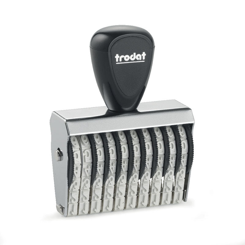 Trodat TR-15510 number stamp with a black handle and shiny metallic body, displaying multiple adjustable number bands.