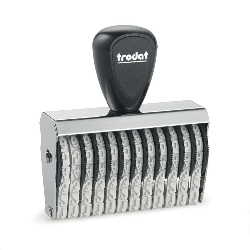 Black Trodat TR-15512 number stamp with ergonomic handle and chrome finish, equipped with 12 rotating number bands for customization.