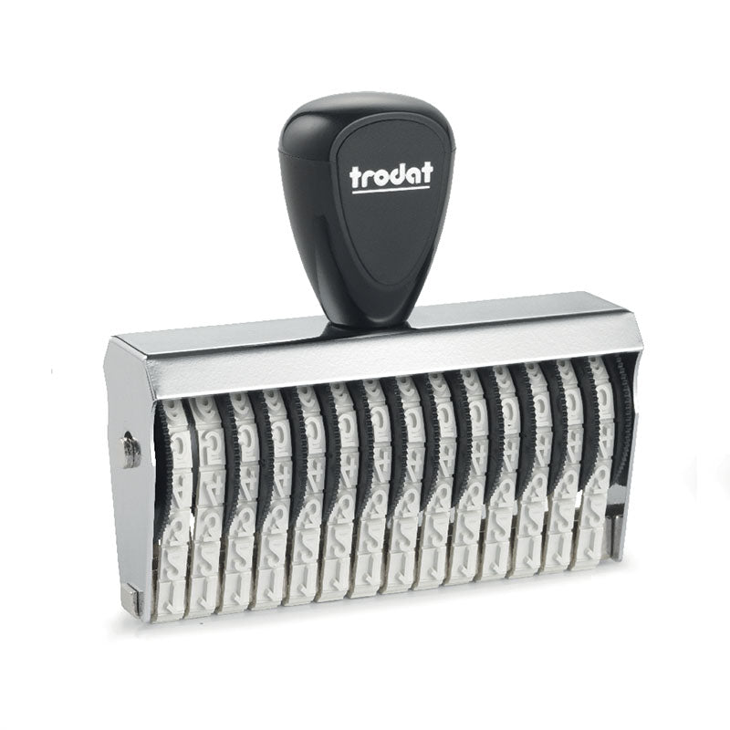 Black Trodat TR-15514 number stamp with a sleek design, equipped with a series of rotatable bands for customizable numbering.