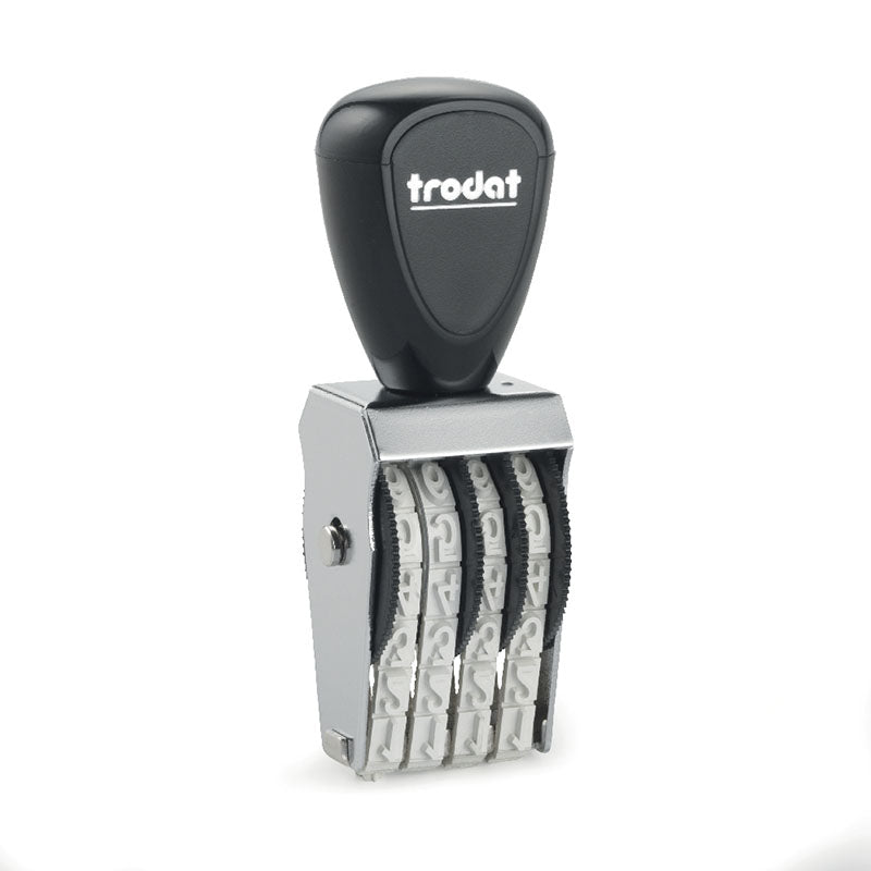 Black Trodat TR-1554 number stamp with a sleek, ergonomic handle and a reflective metallic body, showing four adjustable number bands.
