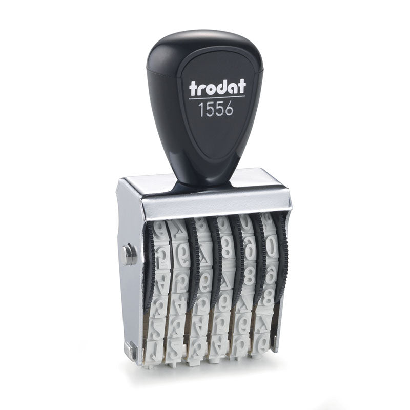 The Trodat 1556 number stamp with a black handle and silver body, showing six adjustable number bands for versatile document marking.