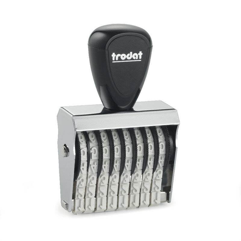 Black Trodat TR-1558 number stamp with a comfortable handle and shiny metallic body, equipped with eight rotating number bands for customizable numbering.