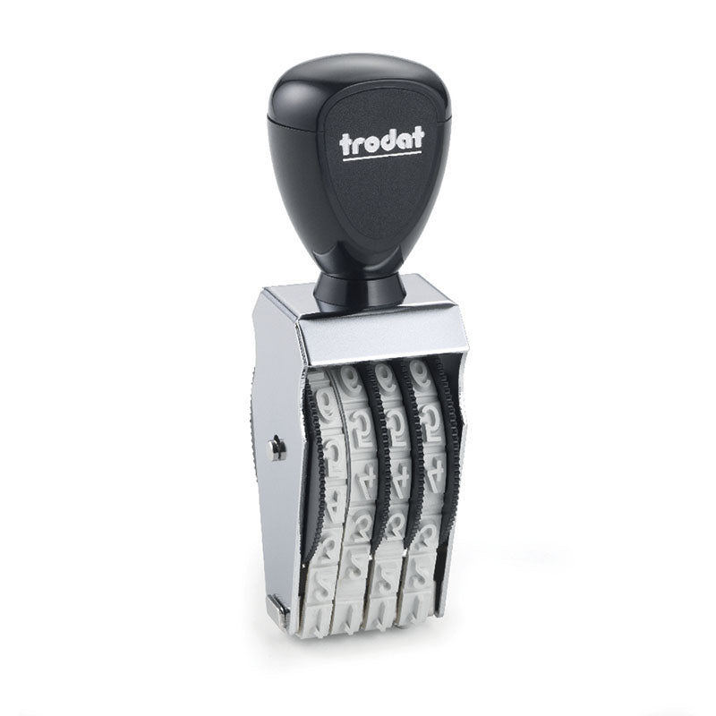 Trodat TR-1574 number stamp with an ergonomic black handle and a sleek silver body, featuring four wide bands suitable for 7 mm high characters.