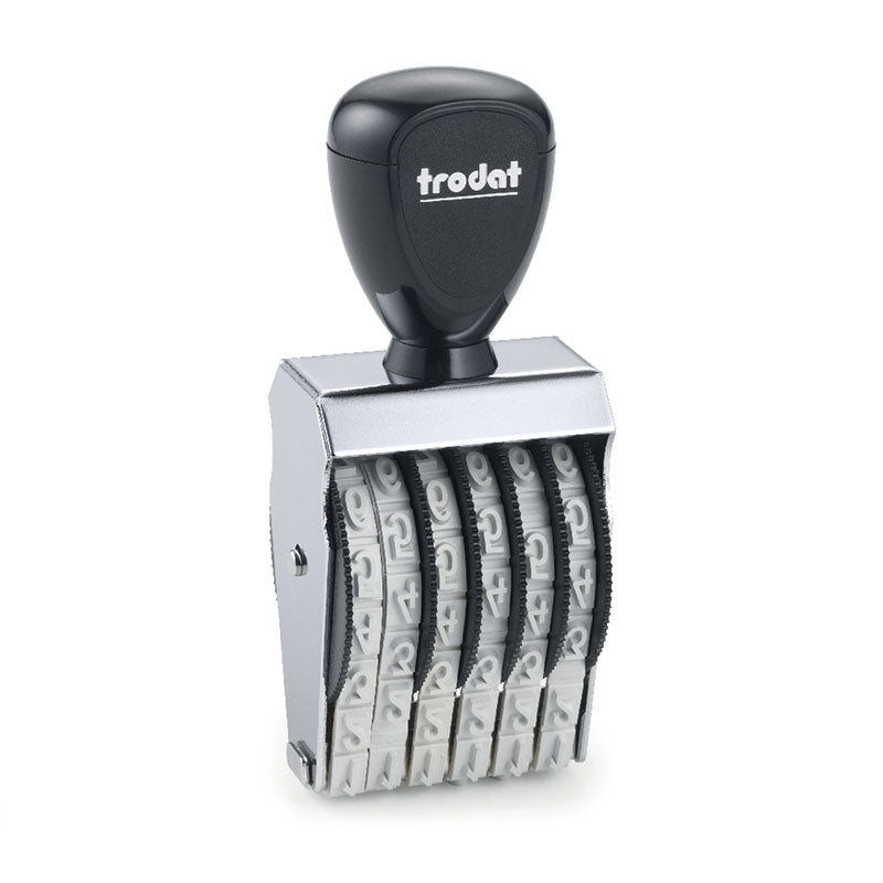 Trodat TR-1576 number stamp with a black ergonomic handle and a polished metallic frame, displaying six bands for customizable 7 mm characters.