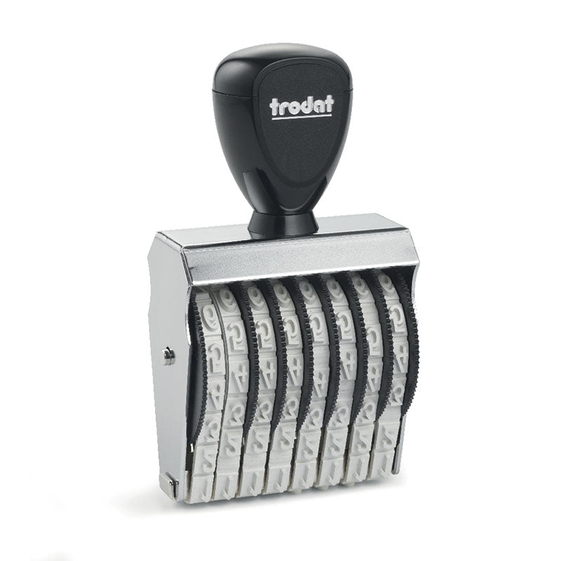 Sleek black Trodat TR-1578 professional number stamp, with a sturdy build and eight individual bands that can be adjusted to display 7 mm height characters.