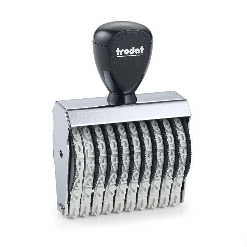 The Trodat TR-15910 number stamp in professional black, featuring a robust design with ten bands that can be rotated to show 9 mm tall characters.