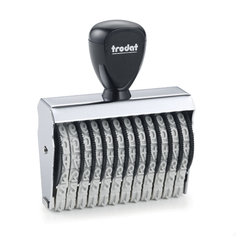 Black-handled Trodat TR-15912 professional number stamp, displaying twelve individual bands capable of 9 mm character impressions, ideal for office and administrative use.