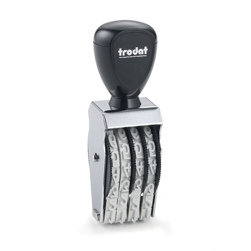 Trodat TR-1594 number stamp featuring a black handle and a silver body, designed with four bands for stamping large 9 mm characters for high visibility marking.