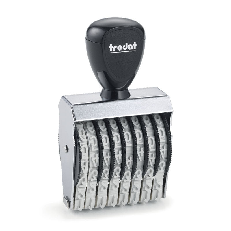 Trodat TR-1598 number stamp with a sleek black ergonomic handle and chrome-finished metallic body, featuring eight customizable bands for large 9 mm character printing.