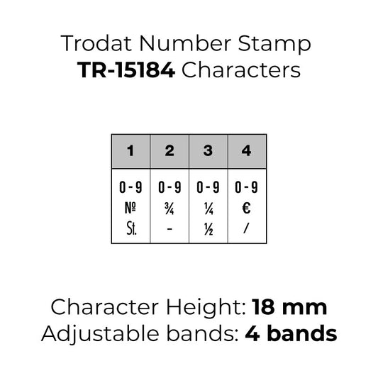 Trodat TR-15184 Number Rubber Stamp - 18mm Character Height, 4 Bands