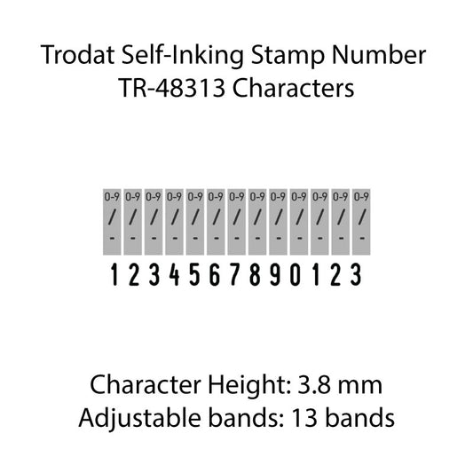 Display chart for Trodat Self-Inking Stamp TR-48313 characters showing two rows with numbers 0 to 9 and symbols, indicating a character height of 3.8 mm and 13 adjustable bands.