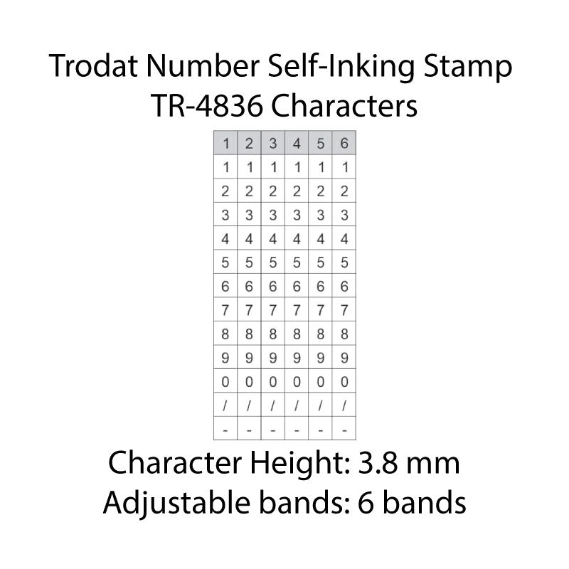 Close-up view of Trodat Number Self-Inking Stamp TR-4836 characters showing the number arrangement across 6 bands with a character height of 3.8mm.
