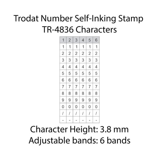Close-up view of Trodat Number Self-Inking Stamp TR-4836 characters showing the number arrangement across 6 bands with a character height of 3.8mm.