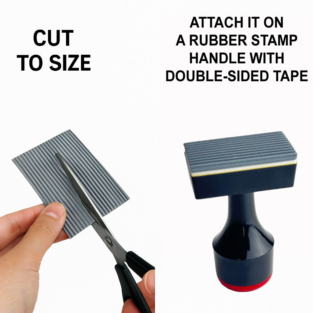 Two-step guide showing how to cut the DIY rubber stamp base sheet to size and attach it to a stamp handle using double-sided tape.