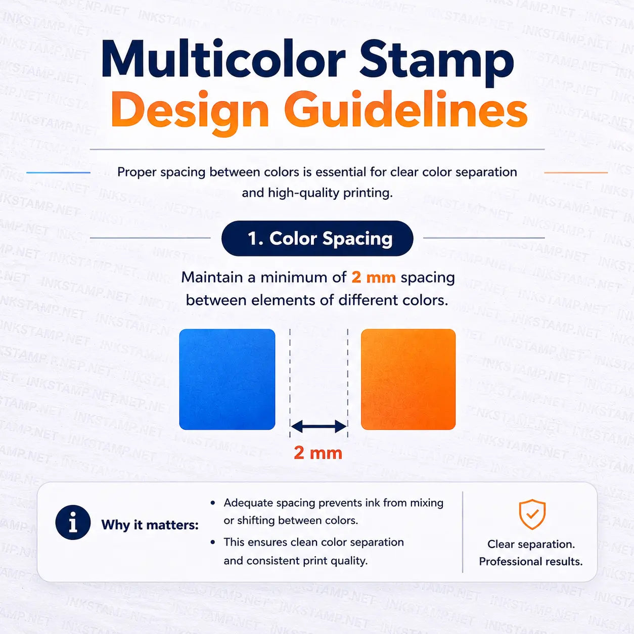 Modern multicolor stamp design guideline infographic with soft pastel colors showing a minimum 2 mm spacing between different color elements for clean color separation and professional stamp printing results.
