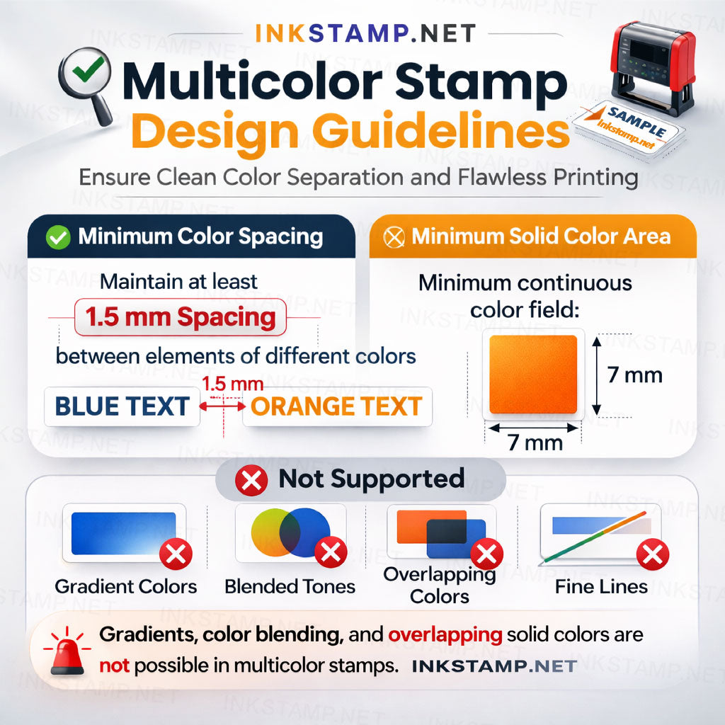 Multicolor stamp design guidelines showing spacing and minimum color area requirements by Inkstamp.net