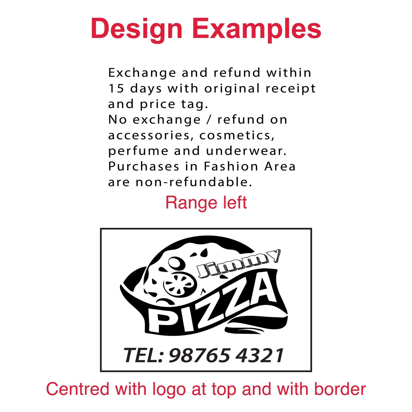 Examples of customizable impressions with the DF67103 Pre-Inked Stamp - address, logo, and personalized designs