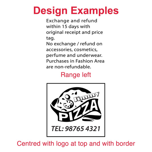 Examples of customizable impressions with the DF6760 Pre-Inked Stamp - address, logo, and personalized designs
