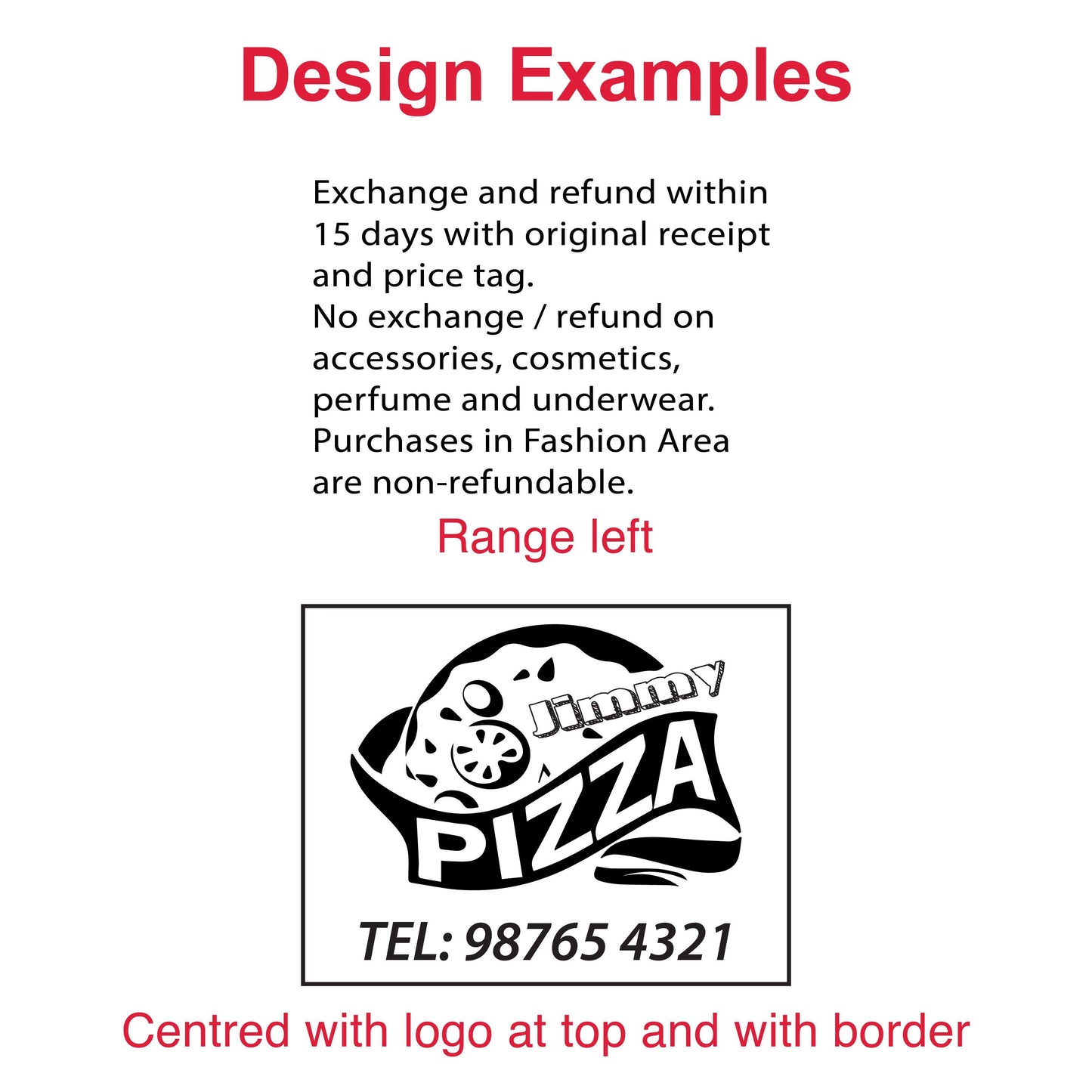 Examples of customizable impressions with the DF6785 Pre-Inked Stamp - address, logo, and personalized designs