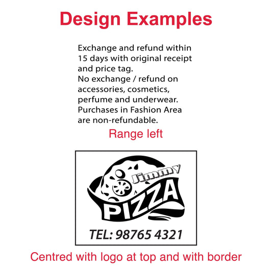 Examples of customizable impressions with the DF6785 Pre-Inked Stamp - address, logo, and personalized designs