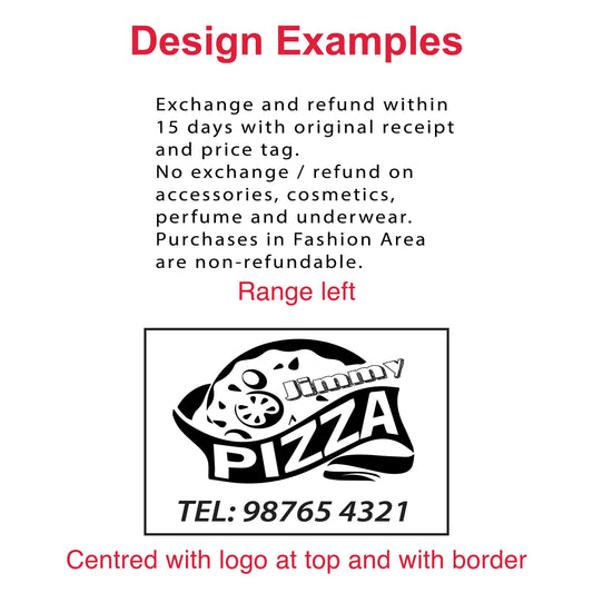 Examples of customizable impressions with the DF78103 Pre-Inked Stamp - address, logo, and personalized designs