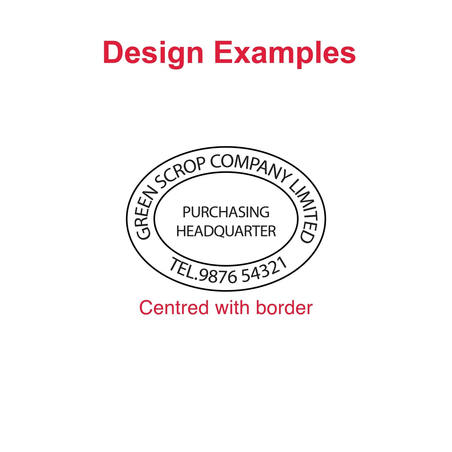 Examples of customizable impressions with the DFOV45 Pre-Inked Stamp - address, logo, and personalized designs