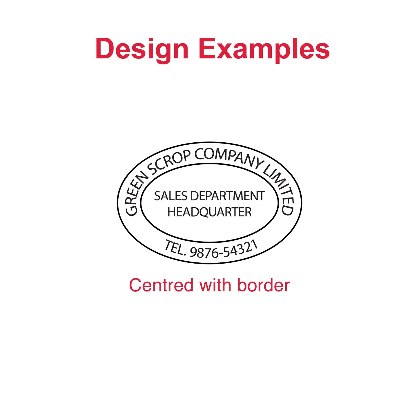 Examples of customizable impressions with the DFOV49 Pre-Inked Stamp - address, logo, and personalized designs